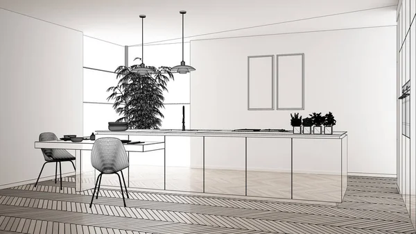 Beyaz seramik döşemeli içi boş, özel mimari tasarım projesi, siyah mürekkep çizimi, modern mutfak, konsept, model, mimar fikri gösteren plan.