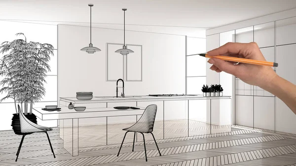 Beyaz mermer seramik seramik döşemeleri, el çizimi özel mimari tasarımı, siyah mürekkep çizimi, modern minimalist mutfağı, konsepti, maketi, fikri gösteren plan.