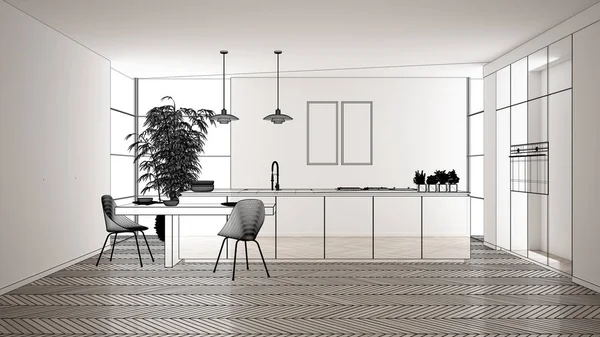 Beyaz seramik döşemeli içi boş, özel mimari tasarım projesi, siyah mürekkep çizimi, modern mutfak, konsept, model, mimar fikri gösteren plan.