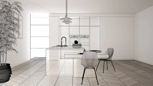 Empty white interior with white ceramic tiles floor, custom architecture design project, black ink sketch, blueprint showing modern kitchen, concept, mock-up, architect idea