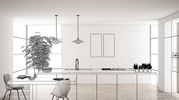 Interior branco vazio com piso de cerâmica branca, projeto de design de arquitetura personalizada, esboço de tinta preta, planta mostrando cozinha moderna, conceito, mock-up, ideia de arquiteto — Fotografia de Stock