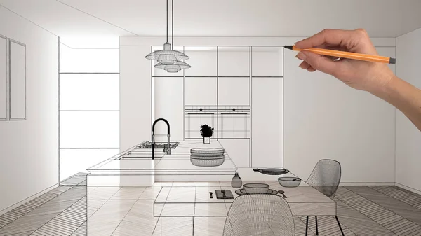 Κενό λευκό εσωτερικό με λευκό μάρμαρο κεραμικά πλακάκια, χέρι σχέδιο έθιμο αρχιτεκτονική, μαύρο μελάνι σκίτσο, σχέδιο δείχνει σύγχρονη μινιμαλιστική κουζίνα, έννοια, μακέτα, ιδέα — Φωτογραφία Αρχείου