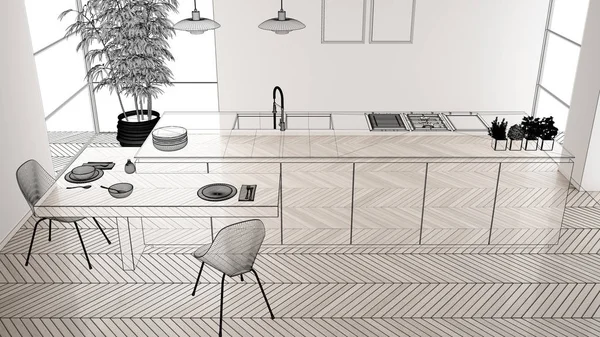 Beyaz seramik karo zemin ile boş beyaz iç, özel mimari tasarım projesi, siyah mürekkep kroki, modern mutfak gösteren plan, konsept, mock-up, mimar fikir, üst görünümü