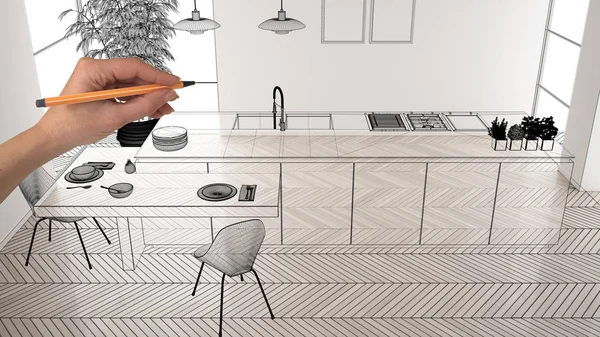 Beyaz mermer seramik karolar ile boş beyaz iç, el çizim özel mimari tasarım, siyah mürekkep kroki, modern minimalist mutfak gösteren plan, konsept, mock-up, üst görünümü