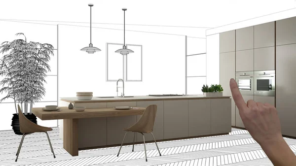 İnşaat taslak, konsept iç tasarım kroki, plan arka plan, mimar ve tasarımcı fikir ile el işaret gerçek ahşap Mutfak altında tamamlanmamış proje