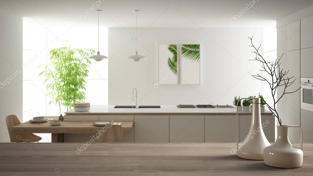 Wooden table top or shelf with minimalistic modern vases over blurred modern white kitchen with wooden details and parquet floor, minimalist architecture interior design