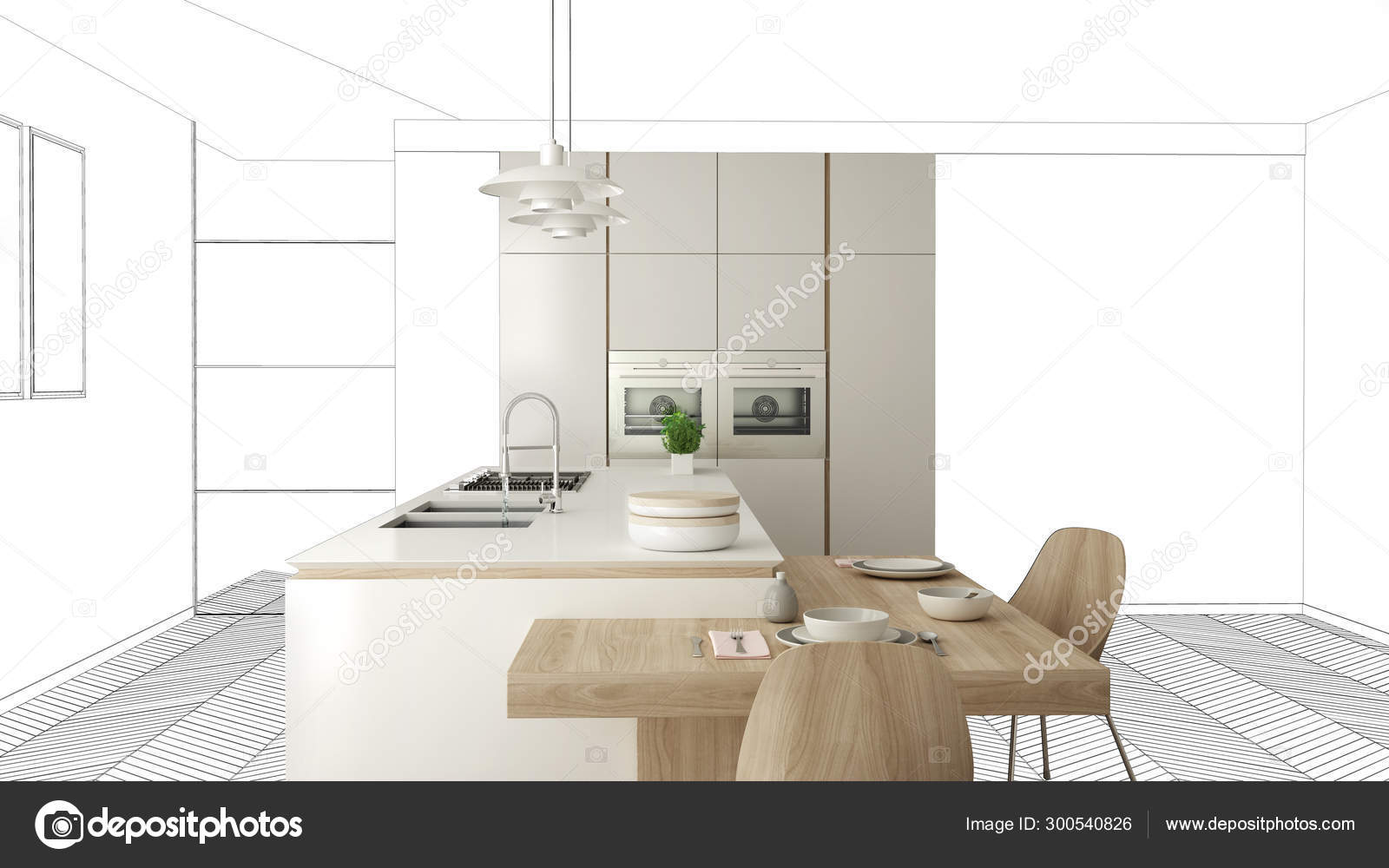 Unvollendetes Projekt Im Entwurfsstadium Konzept Innenarchitektur Skizze Handzeigende Echte Moderne Minimalistische Kuche Mit Blaupause Hintergrund Architekt Und Designer Idee Stockfoto C Archiviz 300540826