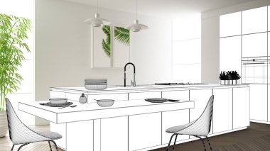 Plan proje taslağı, ada ve lambalar ile minimalist modern mutfak kroki, iç tasarım konsept fikri, parke zemin ile modern daire, çağdaş mobilya fikir