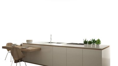 Çağdaş ve lüks daire, iç tasarım konsepti fikir, kopya alanı, minimalist mobilya beyaz zemin üzerine izole ahşap detayları ile modern beyaz mutfak