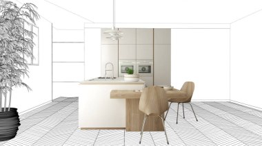 Bitmemiş proje, inşaat taslak altında, konsept iç tasarım kroki, el plan arka plan, mimar ve tasarımcı fikri ile gerçek modern minimalist mutfak işaret