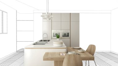 Bitmemiş proje, inşaat taslak altında, konsept iç tasarım kroki, el plan arka plan, mimar ve tasarımcı fikri ile gerçek modern minimalist mutfak işaret