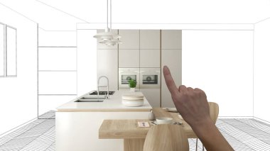 İnşaat taslak, konsept iç tasarım kroki, plan arka plan, mimar ve tasarımcı fikir ile el işaret gerçek ahşap Mutfak altında tamamlanmamış proje