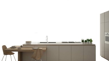 Çağdaş ve lüks daire, iç tasarım konsepti fikir, kopya alanı, minimalist mobilya beyaz zemin üzerine izole ahşap detayları ile modern beyaz mutfak