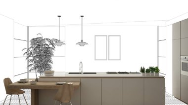 Bitmemiş proje, inşaat taslak altında, konsept iç tasarım kroki, el plan arka plan, mimar ve tasarımcı fikri ile gerçek modern minimalist mutfak işaret