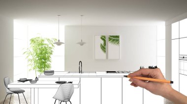 Bitmemiş proje, inşaat taslak altında, konsept iç tasarım kroki, gerçek arka planda el çizim planı mutfak kroki, mimar ve tasarımcı fikri