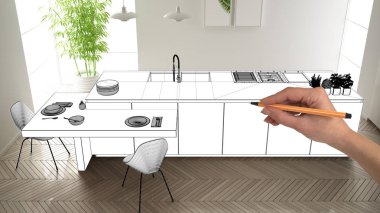 Bitmemiş proje, inşaat taslak altında, konsept iç tasarım kroki, gerçek arka planda el çizim planı mutfak kroki, mimar ve tasarımcı fikri, üst görünümü