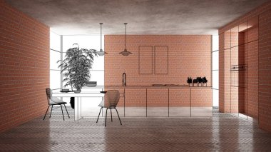 Ev yenileme, ev geliştirme kavramı arka plan, iç tasarım altında inşaat, özel mimari tasarım projesi, siyah mürekkep kroki, minimalist mutfak gösterilen blueprint