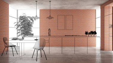 Ev yenileme, ev geliştirme kavramı arka plan, iç tasarım altında inşaat, özel mimari tasarım projesi, siyah mürekkep kroki, minimalist mutfak gösterilen blueprint