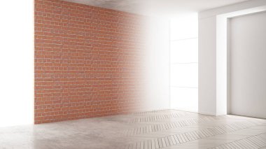 İç tasarım yenileme, öncesi ve sonrası, onarım ve duvar boyama, ringa kemiği parke döşeme, geliştirme adımları, kopya alanı ile ev yenileme kavramı fikir arka plan