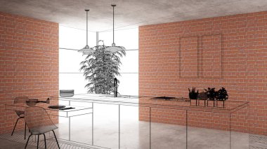 Ev yenileme, ev geliştirme kavramı arka plan, iç tasarım altında inşaat, özel mimari tasarım projesi, siyah mürekkep kroki, minimalist mutfak gösterilen blueprint