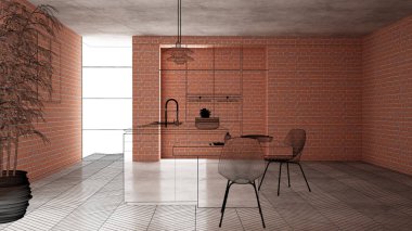 Ev yenileme, ev geliştirme kavramı arka plan, iç tasarım altında inşaat, özel mimari tasarım projesi, siyah mürekkep kroki, minimalist mutfak gösterilen blueprint