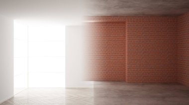 İç tasarım yenileme, öncesi ve sonrası, onarım ve duvar boyama, ringa kemiği parke döşeme, geliştirme adımları, kopya alanı ile ev yenileme kavramı fikir arka plan