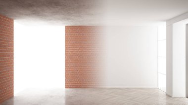 İç tasarım yenileme, öncesi ve sonrası, onarım ve duvar boyama, ringa kemiği parke döşeme, geliştirme adımları, kopya alanı ile ev yenileme kavramı fikir arka plan