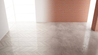 İç tasarım yenileme, öncesi ve sonrası, onarım ve duvar boyama, ringa kemiği parke döşeme, geliştirme adımları, ev yenileme kavramı fikir arka plan, kopya alanı, üst görünüm