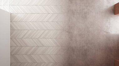 İç tasarım yenileme, öncesi ve sonrası, onarım ve duvar boyama, ringa kemiği parke döşeme, geliştirme adımları, ev yenileme kavramı fikir arka plan, kopya alanı, üst görünüm