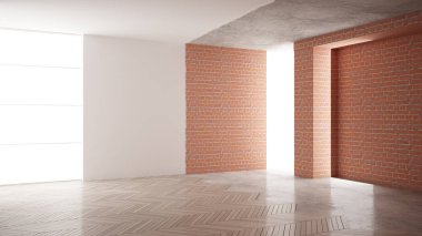 Ev yenileme işlemi, onarım ve duvar resmi, inşaat kavramı yeniden yapılanma. Tuğla ve boyalı duvarlar, parke zemin, duvar döşeme ve covering, mimari iç tasarım