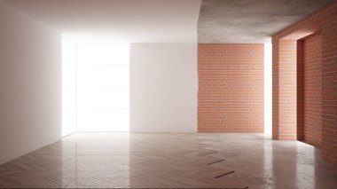 Ev yenileme işlemi, onarım ve duvar resmi, inşaat kavramı yeniden yapılanma. Tuğla ve boyalı duvarlar, parke zemin, duvar döşeme ve covering, mimari iç tasarım