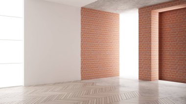 Ev yenileme işlemi, onarım ve duvar resmi, inşaat kavramı yeniden yapılanma. Tuğla ve boyalı duvarlar, parke zemin, duvar döşeme ve covering, mimari iç tasarım