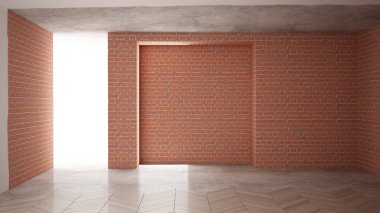 Ev yenileme işlemi, onarım ve duvar resmi, inşaat kavramı yeniden yapılanma. Tuğla ve boyalı duvarlar, parke zemin, duvar döşeme ve covering, mimari iç tasarım