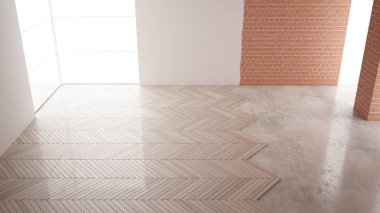 Ev yenileme, yeniden yapılanma süreci, onarım ve duvar boyama, inşaat konsepti. Tuğla ve boyalı duvarlar, parke zemin, duvarlar döşeme ve kaplama, iç tasarım, üst görünüm