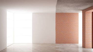 Ev yenileme işlemi, onarım ve duvar resmi, inşaat kavramı yeniden yapılanma. Tuğla ve boyalı duvarlar, parke zemin, duvar döşeme ve covering, mimari iç tasarım