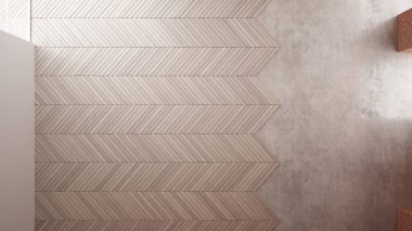 Ev yenileme, yeniden yapılanma süreci, onarım ve duvar boyama, inşaat konsepti. Tuğla ve boyalı duvarlar, parke zemin, duvarlar döşeme ve kaplama, iç tasarım, üst görünüm