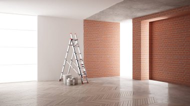 Ev yenileme işlemi, onarım ve duvar resmi, inşaat kavramı yeniden yapılanma. Tuğla ve boyalı duvarlar, parke zemin, duvar döşeme ve covering, mimari iç tasarım