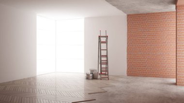 Ev yenileme işlemi, onarım ve duvar resmi, inşaat kavramı yeniden yapılanma. Tuğla ve boyalı duvarlar, parke zemin, duvar döşeme ve covering, mimari iç tasarım