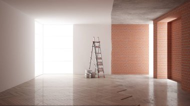 Ev yenileme işlemi, onarım ve duvar resmi, inşaat kavramı yeniden yapılanma. Tuğla ve boyalı duvarlar, parke zemin, duvar döşeme ve covering, mimari iç tasarım