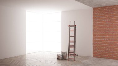 Ev yenileme işlemi, onarım ve duvar resmi, inşaat kavramı yeniden yapılanma. Tuğla ve boyalı duvarlar, parke zemin, duvar döşeme ve covering, mimari iç tasarım