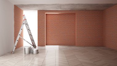 Ev yenileme işlemi, onarım ve duvar resmi, inşaat kavramı yeniden yapılanma. Tuğla ve boyalı duvarlar, parke zemin, duvar döşeme ve covering, mimari iç tasarım