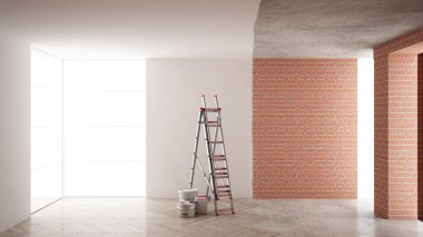 Ev yenileme işlemi, onarım ve duvar resmi, inşaat kavramı yeniden yapılanma. Tuğla ve boyalı duvarlar, parke zemin, duvar döşeme ve covering, mimari iç tasarım
