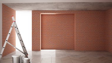 Ev yenileme işlemi, onarım ve duvar resmi, inşaat kavramı yeniden yapılanma. Tuğla ve boyalı duvarlar, parke zemin, duvar döşeme ve covering, mimari iç tasarım