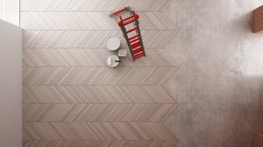 Ev yenileme, yeniden yapılanma süreci, onarım ve duvar boyama, inşaat konsepti. Tuğla ve boyalı duvarlar, parke zemin, duvarlar döşeme ve kaplama, iç tasarım, üst görünüm