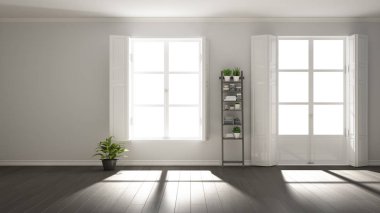 Panoramik pencereler, parke ahşap zemin, klasik kepenkler, saksı bitkileri ve dekorlar ile şık boş oda. Kopyalama alanı ile beyaz arka plan, iç tasarım konsept fikri