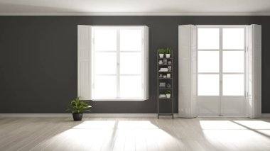 Panoramik pencereler, parke ahşap zemin, klasik kepenkler, saksı bitkileri ve dekorlar ile şık boş oda. Kopyalama alanı ile gri arka plan, iç tasarım konsept fikri