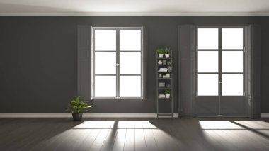 Panoramik pencereler, parke ahşap zemin, klasik kepenkler, saksı bitkileri ve dekorlar ile şık boş oda. Kopyalama alanı ile gri arka plan, iç tasarım konsept fikri