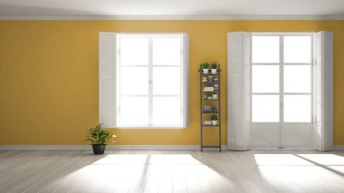 Panoramik pencereler, parke ahşap zemin, klasik kepenkler, saksı bitkileri ve dekorlar ile şık boş oda. Kopyalama alanı ile sarı arka plan, iç tasarım konsept fikri