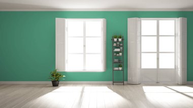 Panoramik pencereler, parke ahşap zemin, klasik kepenkler, saksı bitkileri ve dekorlar ile şık boş oda. Kopyalama alanı ile turkuaz arka plan, iç tasarım konsept fikri