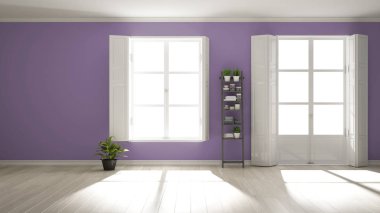 Panoramik pencereler, parke ahşap zemin, klasik kepenkler, saksı bitkileri ve dekorlar ile şık boş oda. Kopyalama alanı ile mor arka plan, iç tasarım konsept fikri